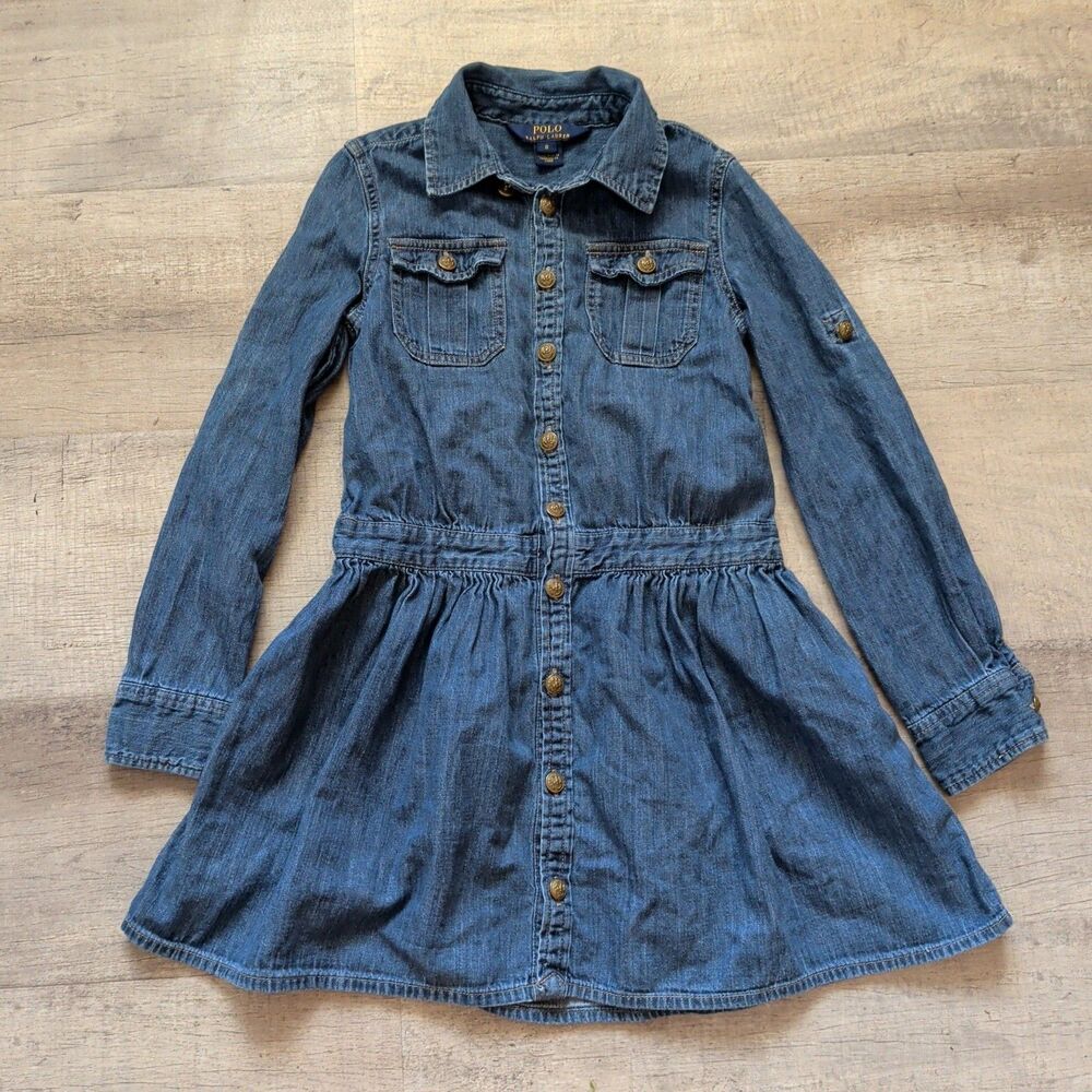 Polo Ralph Lauren Girls Denim Dress Button Front Long Sleeve Blue Size 8